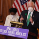 House Majority Leader Steny Hoyer (D-MD) (R) joins Rep. Shelia Jackson Lee (D-TX) during a news conference about the renewal of the Violence Against Women Act in the Rayburn Room at the U.S. Capitol on March 17, 2021